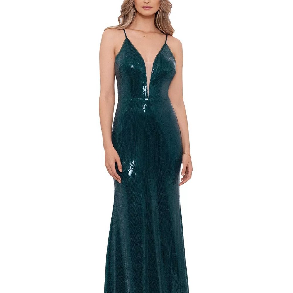 BETSY & ADAM Women's Deep V-Neck Spaghetti-Strap Sequin Gown Emerald Size 8